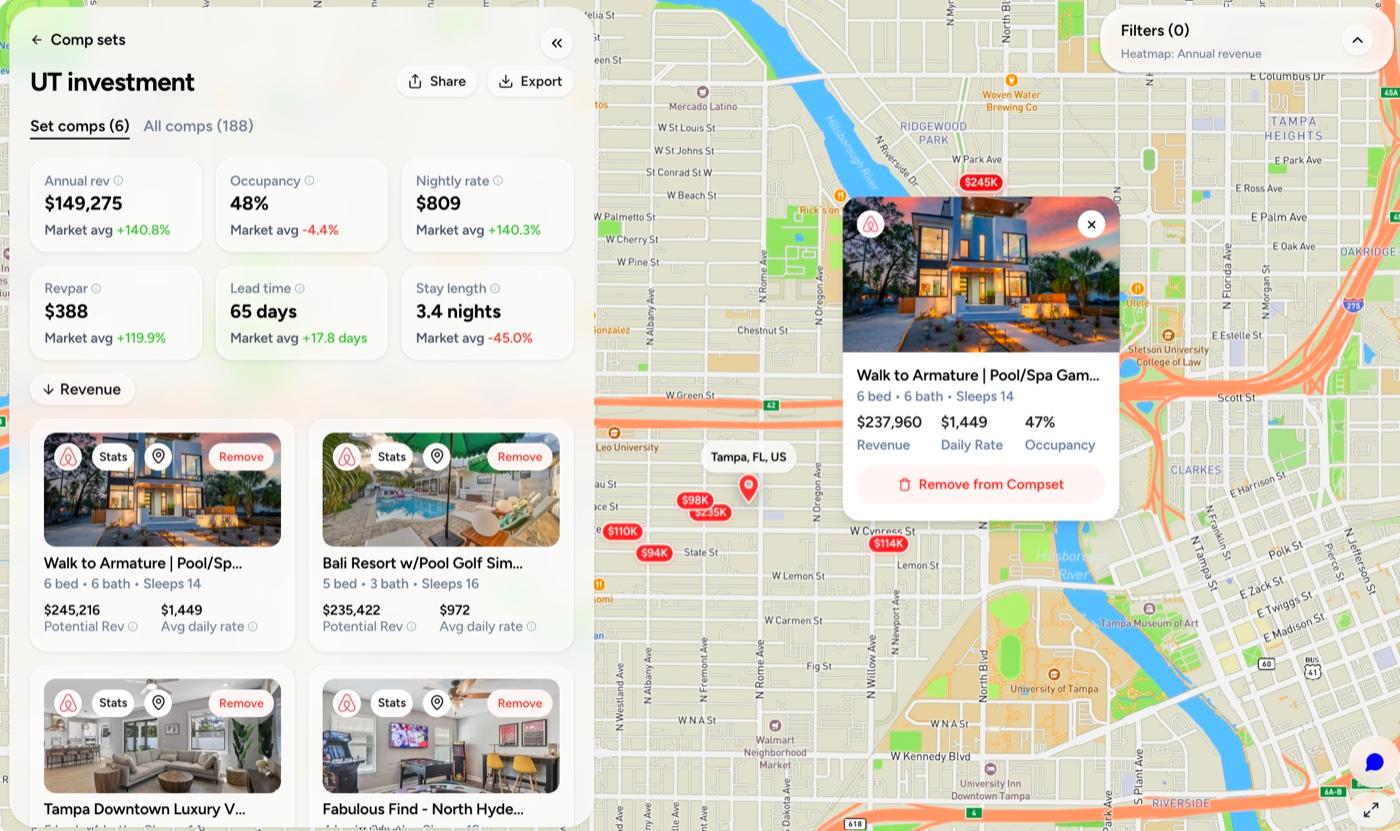 BNBCalc custom comp set with listing performance and map data
