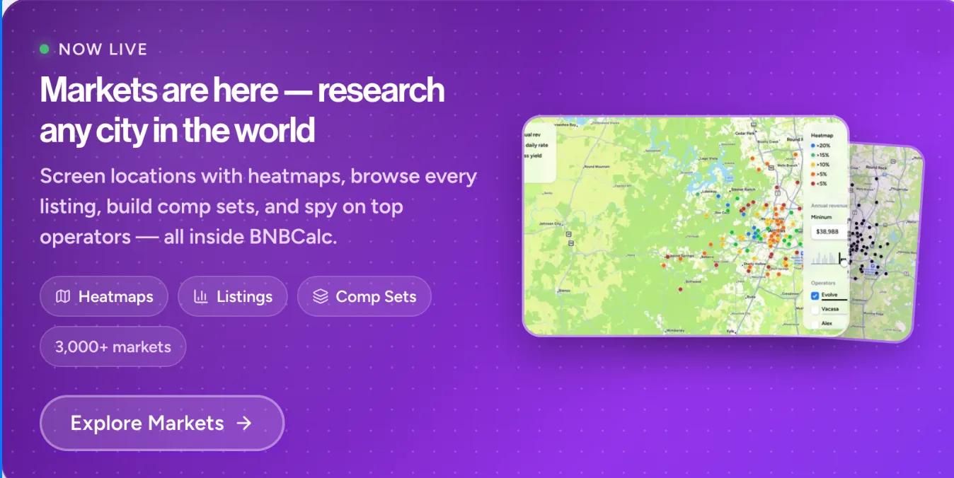 Explore BNBCalc Markets with heatmaps, listings, comp sets, and 3,000+ markets.