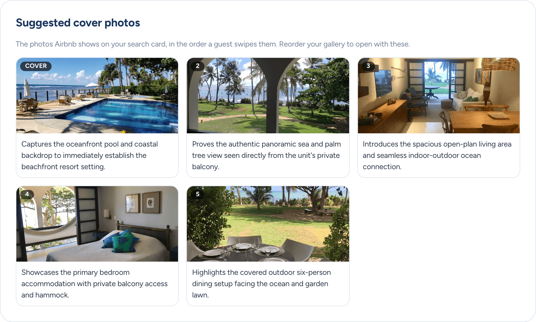 Sample Listing Optimizer report with recommended cover photos and reasons for each choice.
